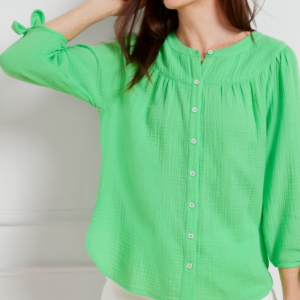 Talbots Plus 2x Women’s Cotton Green Airy Gauze Tie Sleeve Button Up Blouse NWT